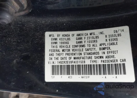 2015 Honda Accord Sport z USA, uszkodzony, nr VIN 1HGCR2E59FA001509